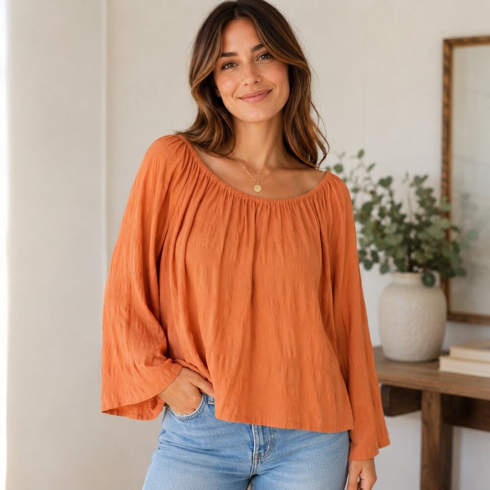 Elizabeth and James Women’s Blouse Medium Orange Textured Peasant Long Sleeve